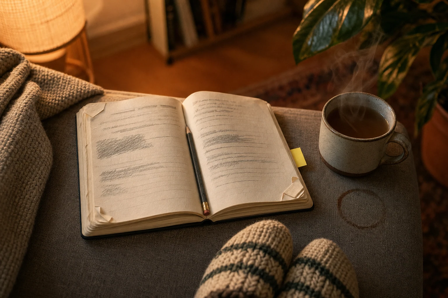 An open notebook with dog-eared pages on a sofa cushion in warm evening lamplight, a graphite pencil resting in the gutter and a tea mug nearby.