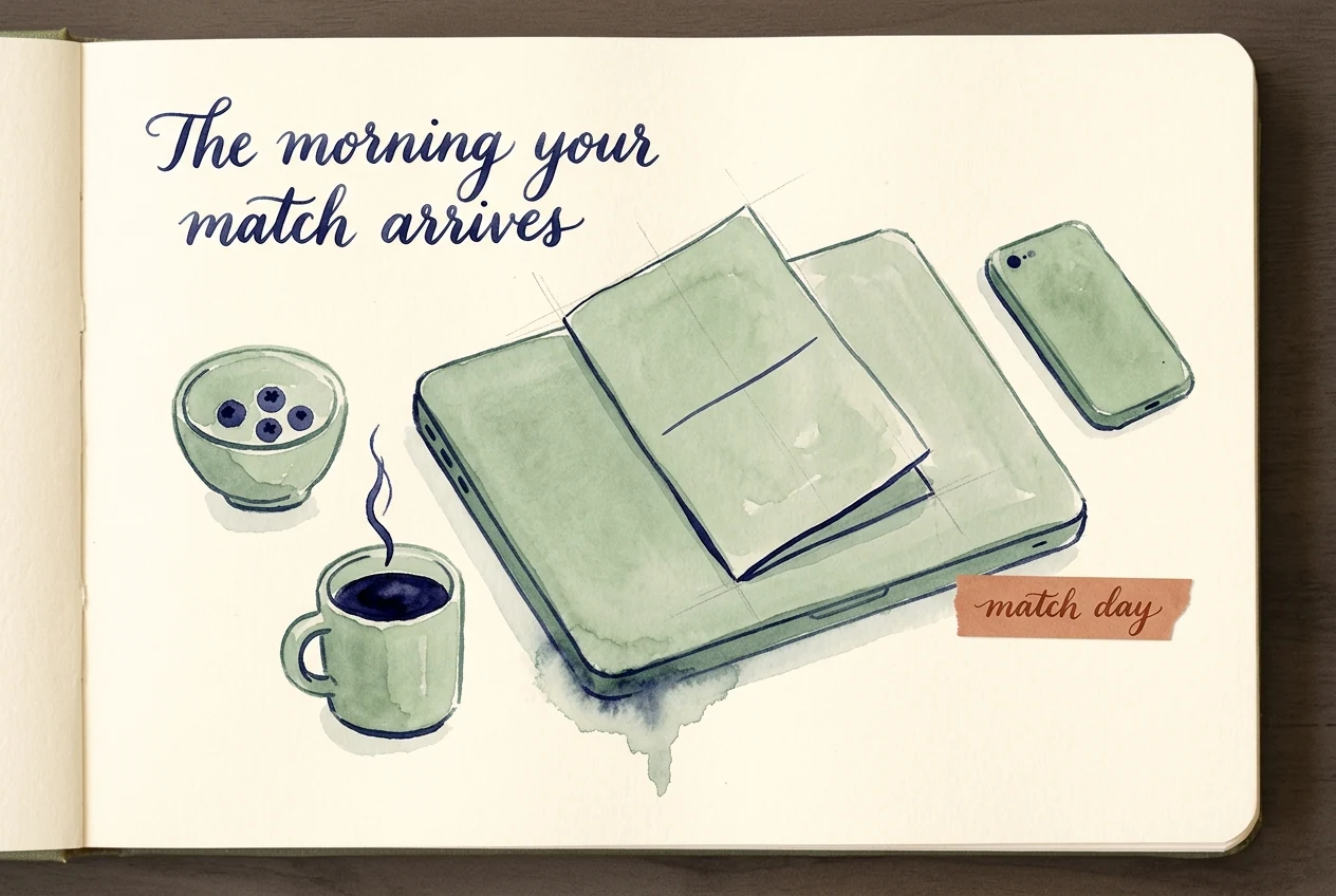 A watercolour scene — closed laptop with a folded welcome handout on top, a coffee mug, a small bowl of blueberries, and a face-down phone.