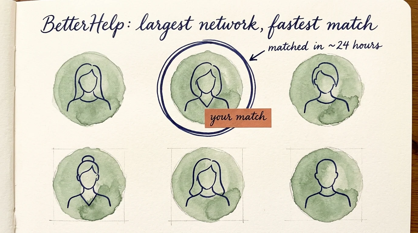 A hand-painted watercolour illustration on cream paper titled 'BetterHelp: largest network, fastest match'. Six small sage circles in two rows of three, each containing an abstract therapist silhouette. The top-row second circle is ringed and labeled in cursive 'matched in ~24 hours', with a terracotta paper sticker reading 'your match'.