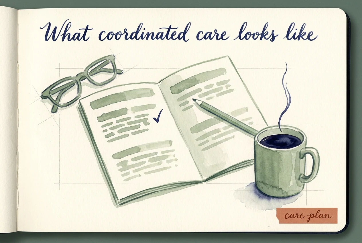 A watercolour journal-page scene — an open folded care-plan handout with a single indigo checkmark, a pencil resting across it, a coffee mug, and folded reading glasses.