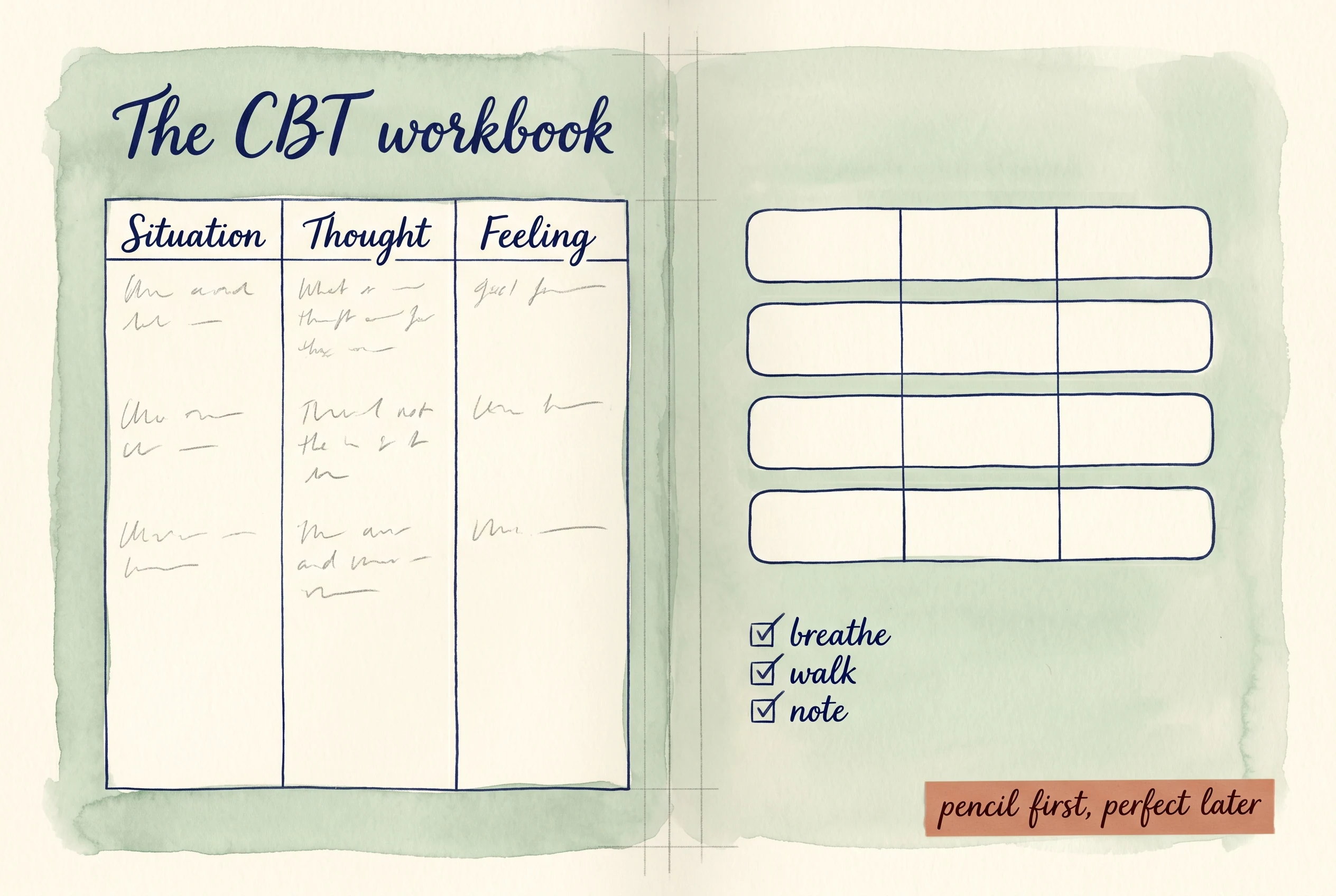 A hand-painted watercolour illustration on cream paper showing an open CBT workbook spread. The left page has a three-column thought-record table with cursive headings 'Situation', 'Thought', 'Feeling' and faint pencil marks in two rows. The right page shows an empty four-row exercise grid and a small check-box list. A flowing cursive title reads 'The CBT workbook', and a small terracotta paper sticker in the corner says 'pencil first, perfect later'.