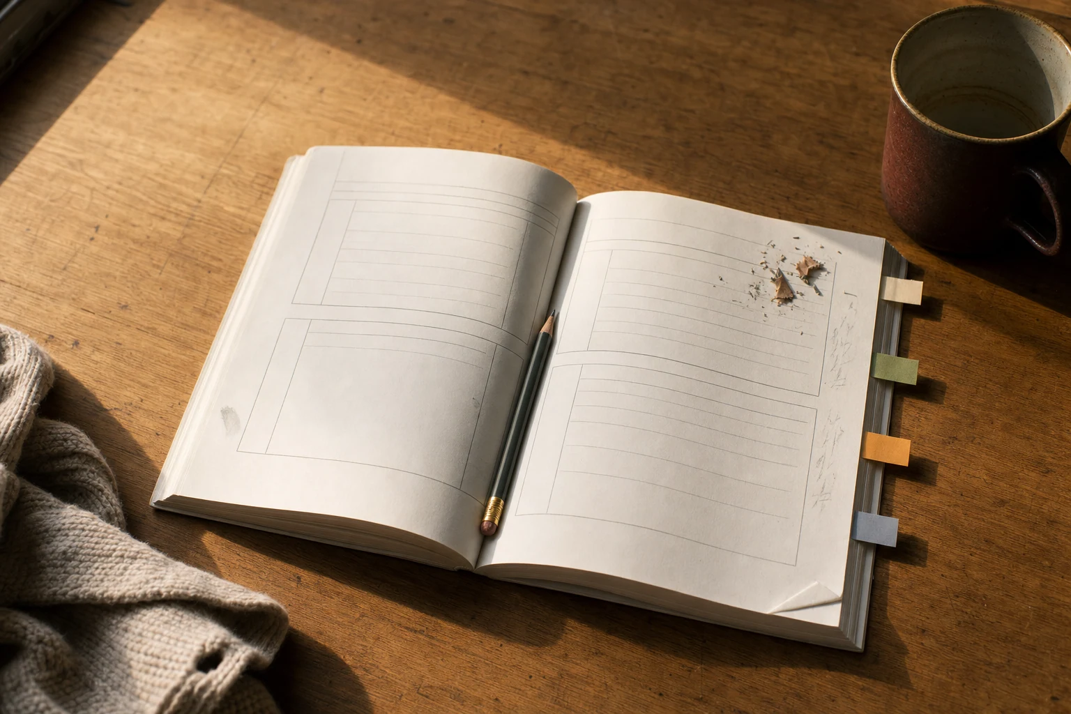 A paperback DBT-style workbook lying open on a sunlit oak desk, with four small coloured post-it tabs marking different page positions, a pencil resting in the gutter, eraser shavings on the page, and a nearly-empty stoneware mug at the corner of frame.