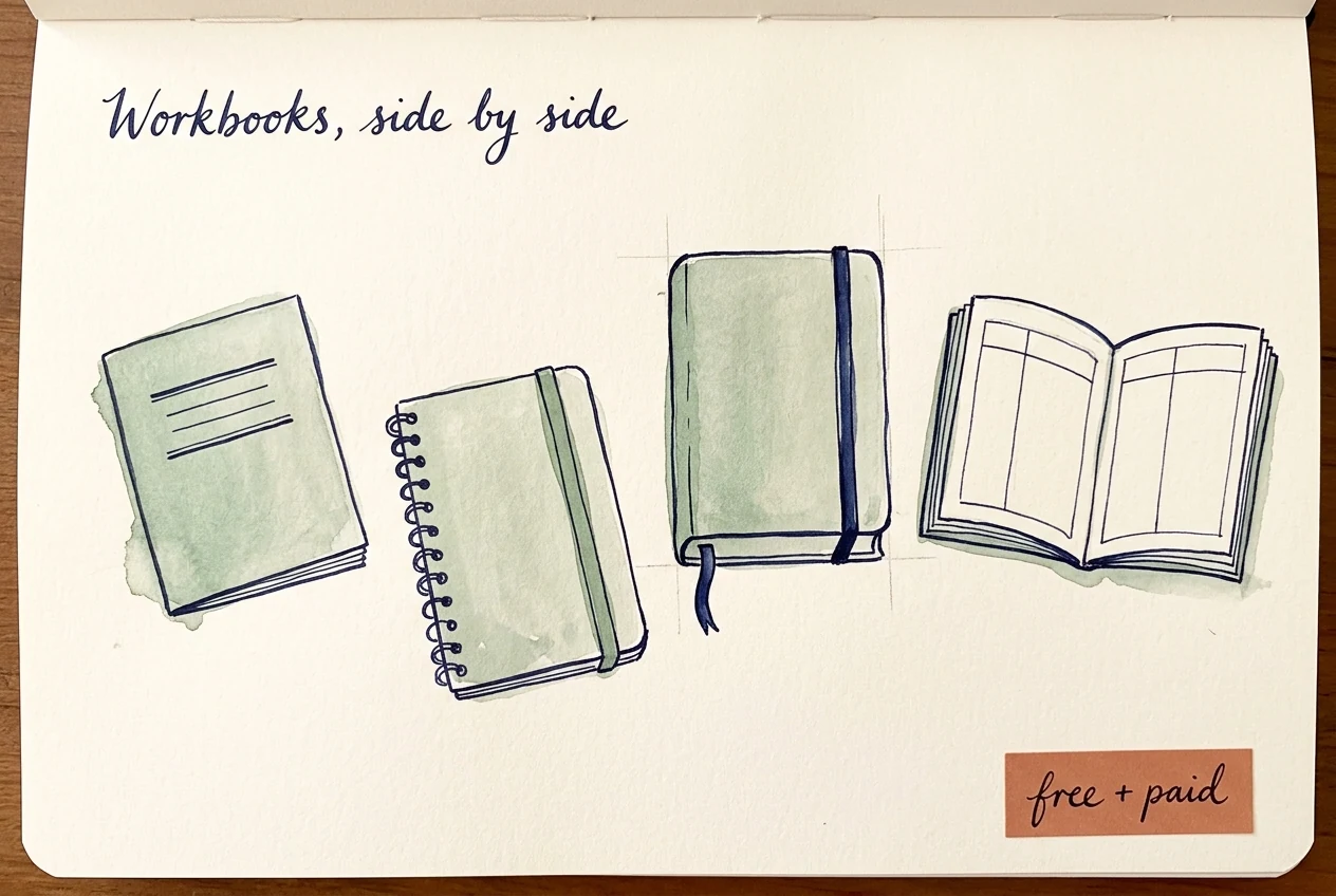 A watercolour scene — four sage-green workbook silhouettes in a row, with a 'free + paid' terracotta sticker and a cursive 'Workbooks, side by side' title.