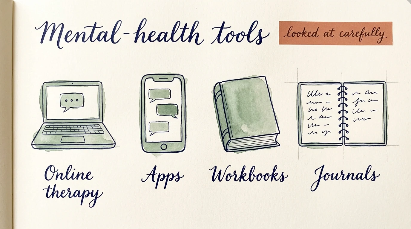 A hand-painted watercolour illustration on cream paper titled 'Mental-health tools' with a terracotta paper sticker reading 'looked at carefully'. Four sage-green sketches in a row: a laptop with a chat bubble, a smartphone showing chat blocks, a hardcover workbook, and an open spiral notebook. Each labeled in cursive: Online therapy, Apps, Workbooks, Journals.