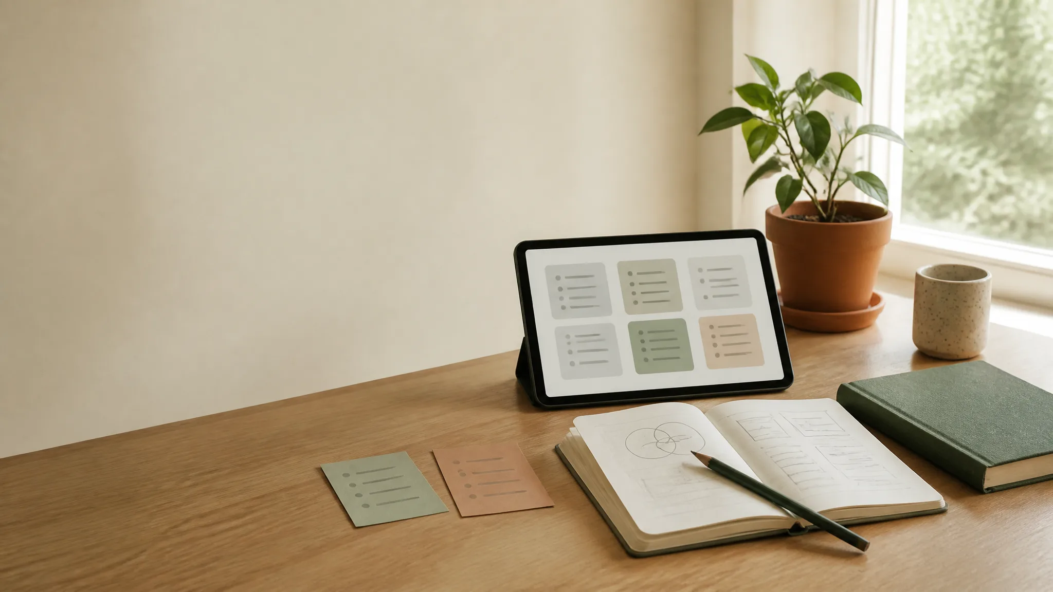 A wooden desk with an open laptop, a small notepad, and a mug — softly lit comparison setting.