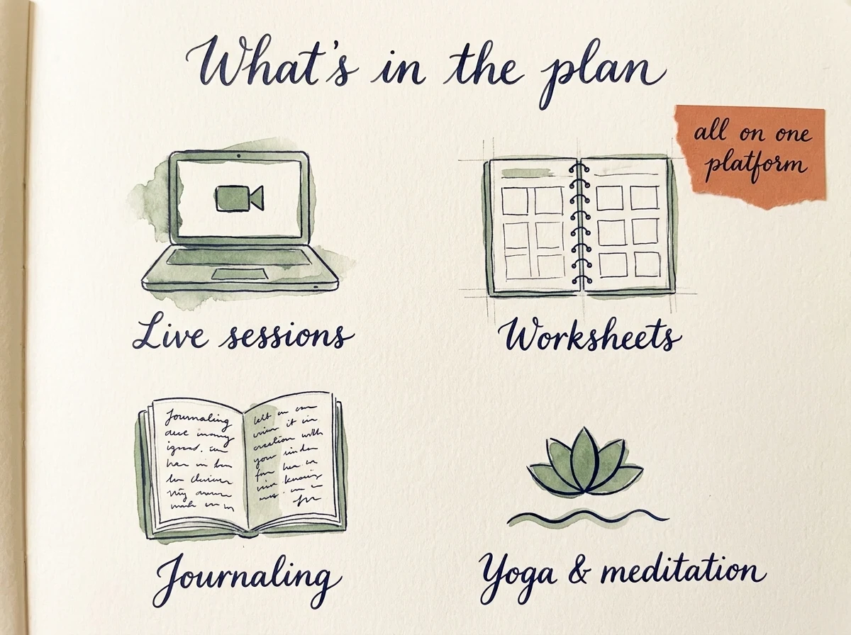 A hand-painted watercolour illustration on cream paper titled 'What's in the plan'. Four sage-green sketches in a 2×2 grid with cursive labels: a laptop with a video icon ('Live sessions'), an open spiral notebook with a worksheet grid ('Worksheets'), an open journal with handwriting ('Journaling'), a lotus over a wave line ('Yoga & meditation'). A small terracotta paper sticker in the corner reads 'all on one platform'.