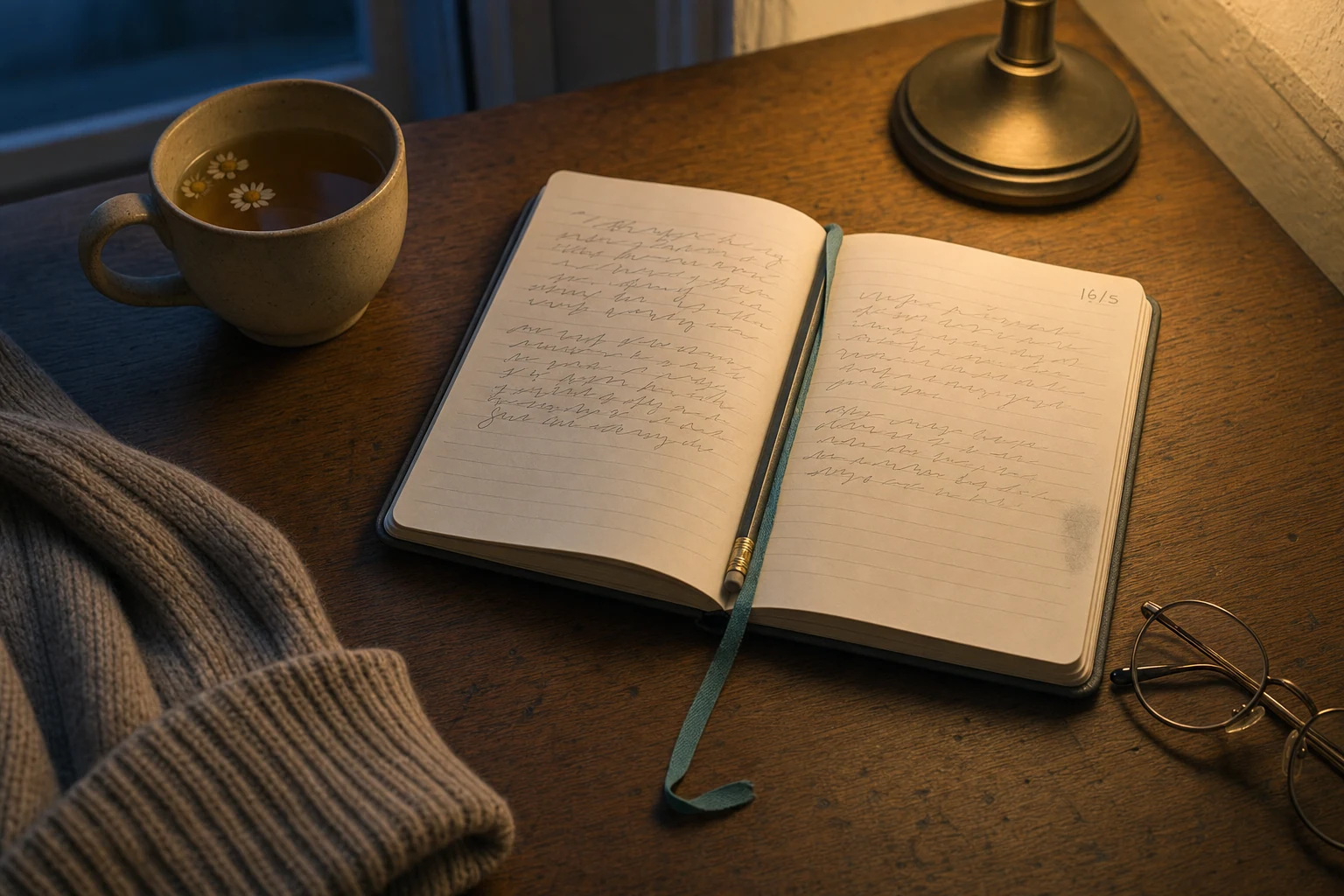 A small lined journal open on a writing-nook table in evening lamplight, showing abstract dated handwriting on the spread, with a dusty-teal ribbon bookmark trailing from the gutter, a pencil in the gutter, a mug of chamomile tea, folded reading glasses, and a knit cardigan sleeve at the edge of frame.