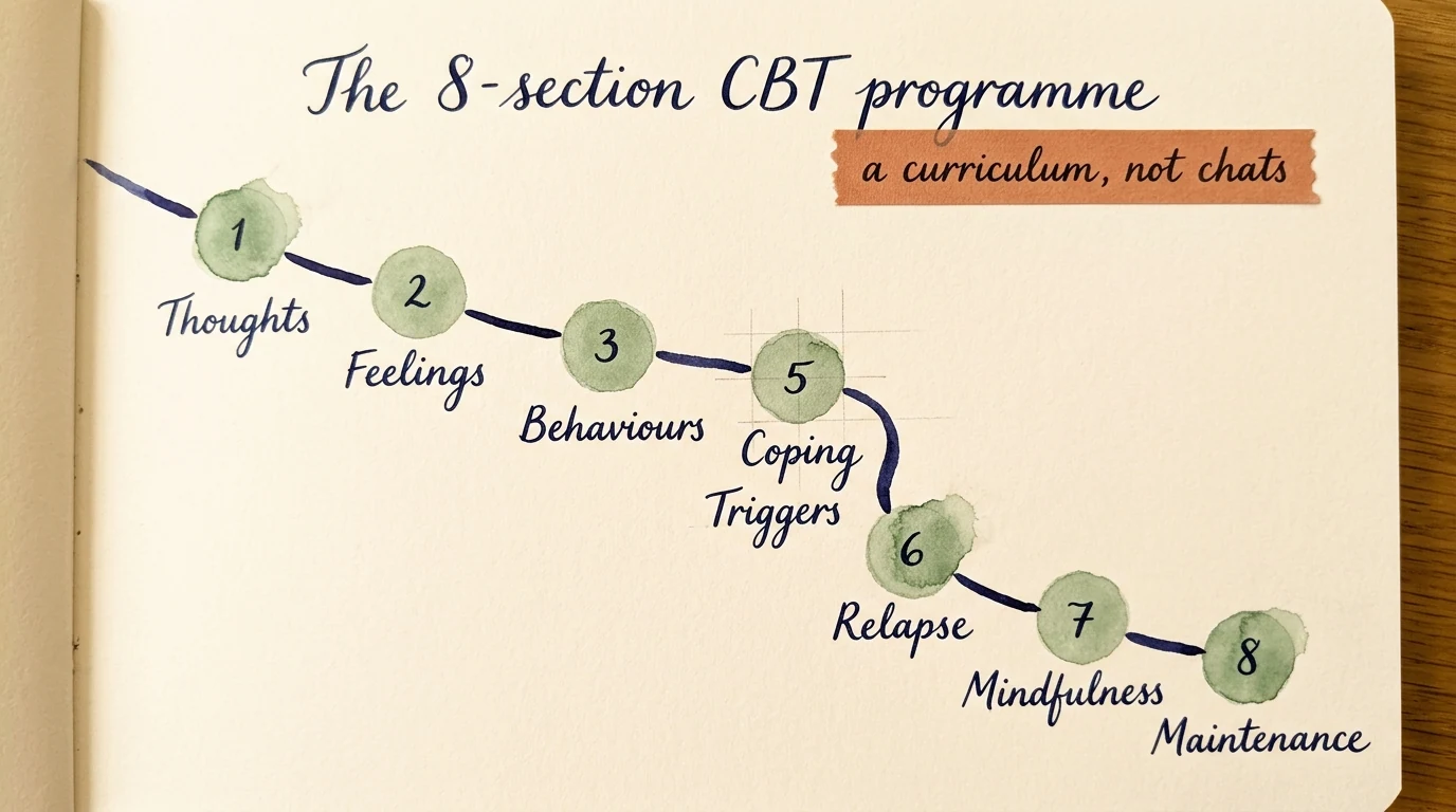 A hand-painted watercolour illustration on cream paper titled 'The 8-section CBT programme'. A winding indigo ink path connects 8 small sage-green circles numbered 1 through 8, each labeled in cursive: Thoughts, Feelings, Behaviours, Coping, Triggers, Relapse, Mindfulness, Maintenance. A terracotta paper sticker beside the title reads 'a curriculum, not chats'.
