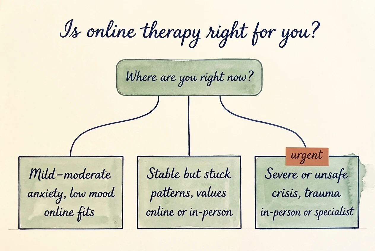 A hand-painted watercolour decision flowchart on cream paper titled 'Is online therapy right for you?'. A top sage rectangle asks 'Where are you right now?' and branches down to three outcome cards: Mild–moderate (anxiety, low mood) → online fits; Stable but stuck (patterns, values) → online or in-person; Severe or unsafe (crisis, trauma) → in-person or specialist, with a terracotta 'urgent' sticker on the right card.