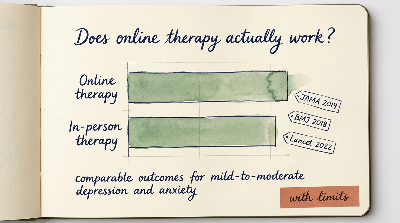 A hand-painted watercolour bar chart on cream paper titled 'Does online therapy actually work?'. Two near-identical horizontal sage bars labeled 'Online therapy' and 'In-person therapy' sit beside three cursive citation tags — JAMA 2019, BMJ 2018, Lancet 2022. A cursive note below reads 'comparable outcomes for mild-to-moderate depression and anxiety' with a small terracotta sticker in the corner that reads 'with limits'.