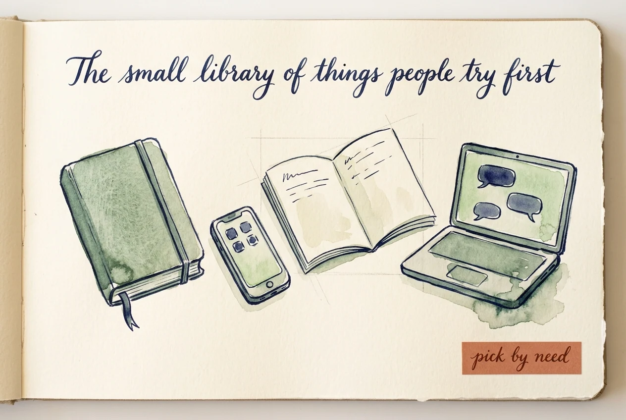 A hand-painted watercolour journal-page illustration of four sage-green therapy-tool objects in a row — a closed cloth-bound journal with a bookmark ribbon, a smartphone showing a 2x2 grid of indigo app-icon shapes, an open paperback workbook with indigo pencil lines on its pages, and a small laptop with three indigo chat-bubble shapes — under the hand-lettered cursive title 'The small library of things people try first', with a small terracotta 'pick by need' sticker at the lower right.