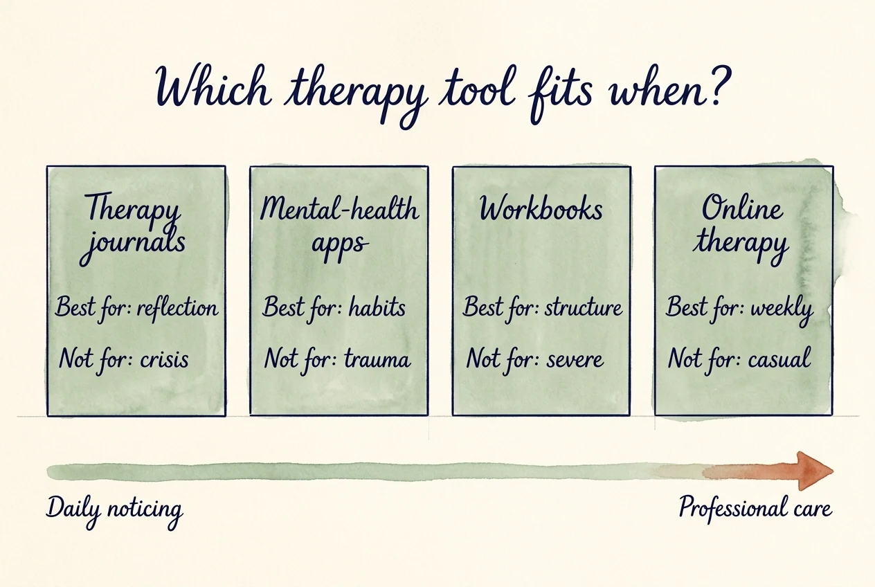 A hand-painted watercolour infographic on cream paper titled 'Which therapy tool fits when?'. Four uniformly-sized sage cards in a single row above a horizontal sage axis ending in a terracotta arrow: 'Therapy journals' (best for reflection, not for crisis), 'Mental-health apps' (best for habits, not for trauma), 'Workbooks' (best for structure, not for severe), 'Online therapy' (best for weekly, not for casual).