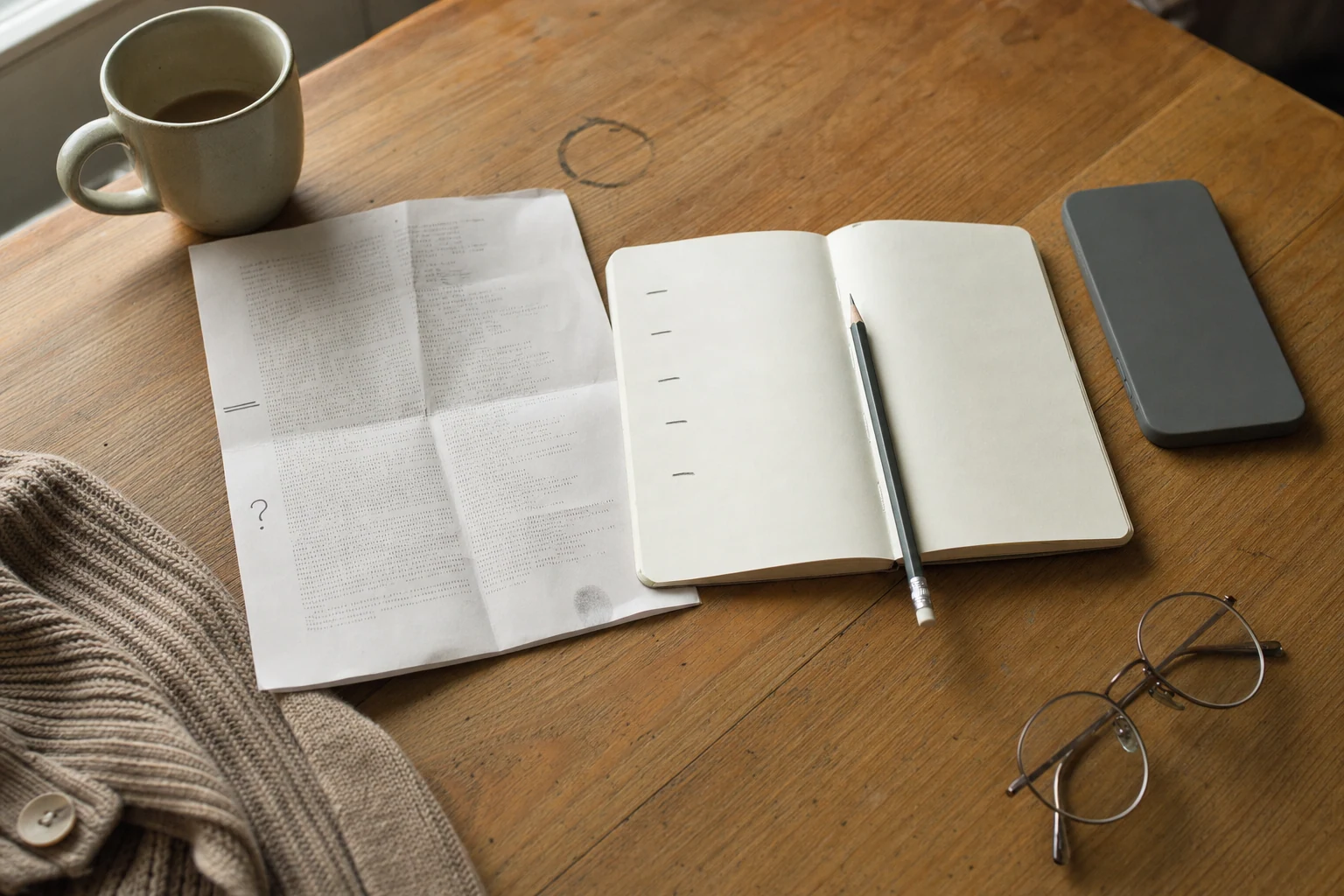 A folded printed page with hand-drawn margin annotations next to a small notebook with abstract bullet marks and a face-down phone on a sunlit wooden desk, a coffee mug nearby and a folded cardigan sleeve at the edge of frame.