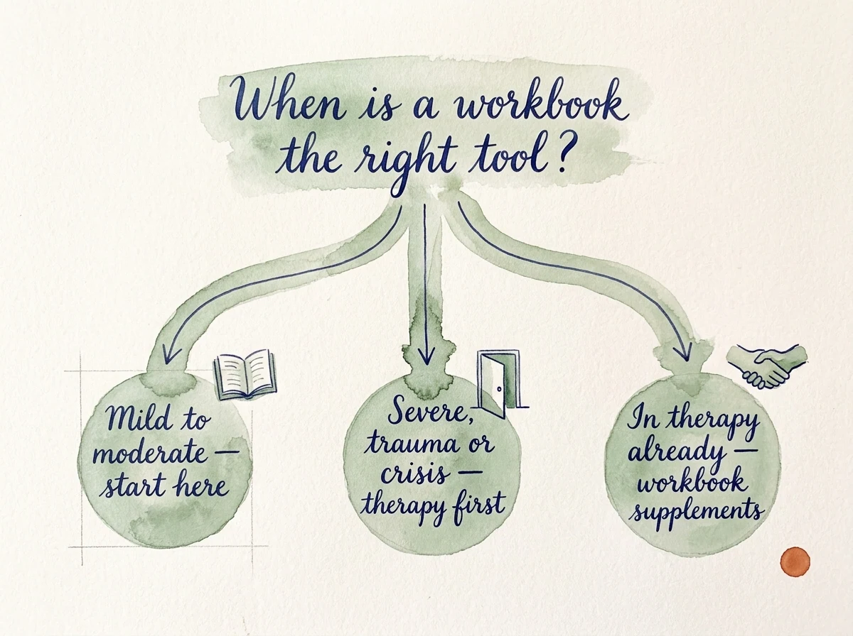 A hand-painted watercolour flowchart on cream paper titled 'When is a workbook the right tool?'. Three sage-wash branches lead to three cursive labels: 'Mild to moderate — start here', 'Severe, trauma or crisis — therapy first', 'In therapy already — workbook supplements'.