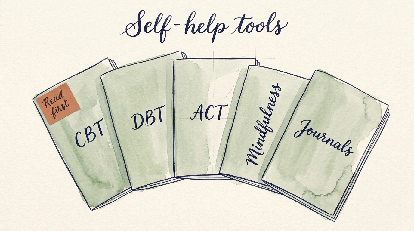A hand-painted watercolour illustration of five workbook covers fanned out on cream paper. Each spine is hand-lettered in cursive: CBT, DBT, ACT, Mindfulness, Journals. The first book has a small terracotta sticker that reads 'Read first'.