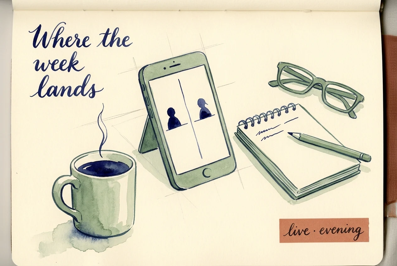 A watercolour scene — a smartphone showing two small indigo silhouettes on a video call, a tea mug with steam, an open notepad with pencil marks, and folded reading glasses.