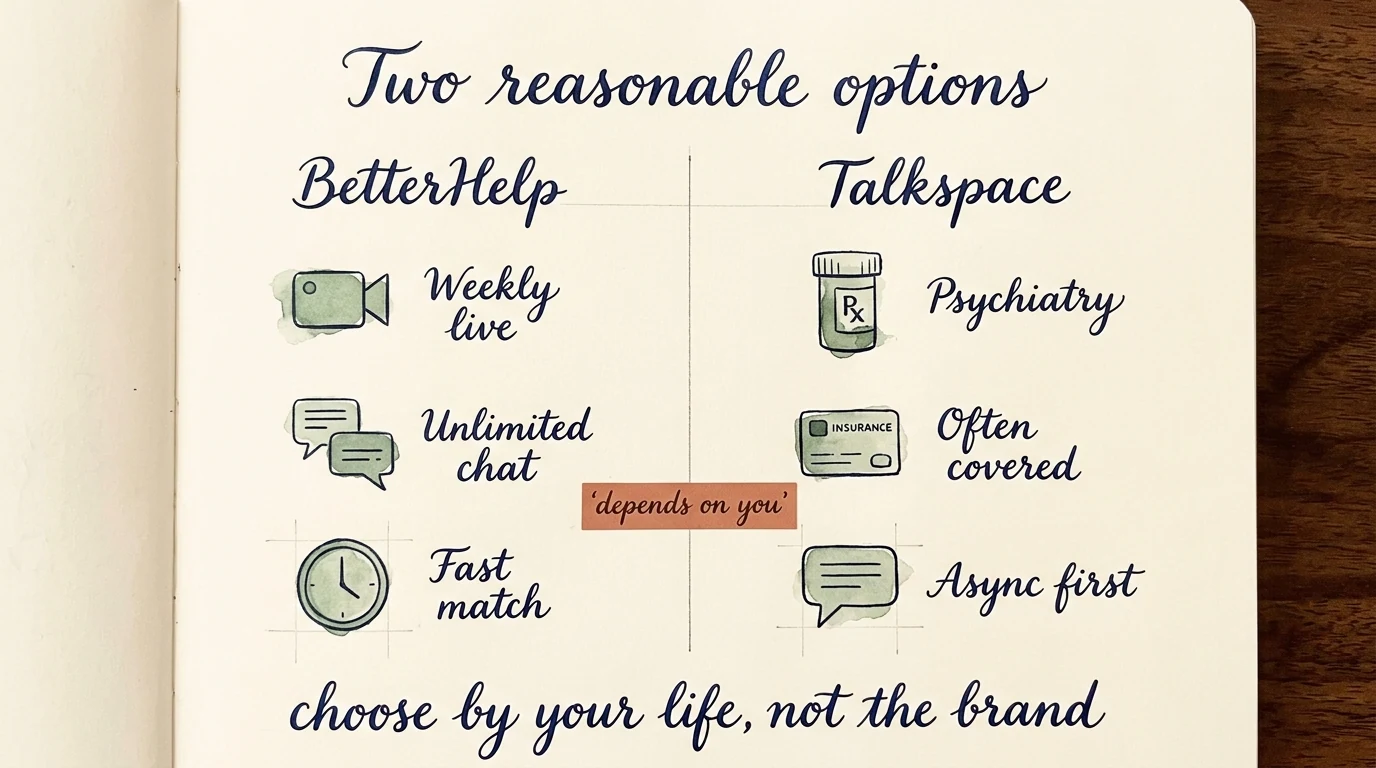 A hand-painted watercolour two-column comparison on cream paper titled 'Two reasonable options'. Left column 'BetterHelp' lists Weekly live, Unlimited chat, Fast match. Right column 'Talkspace' lists Psychiatry, Often covered, Async first. A terracotta sticker between the columns reads 'depends on you', and a cursive caption below reads 'choose by your life, not the brand'.