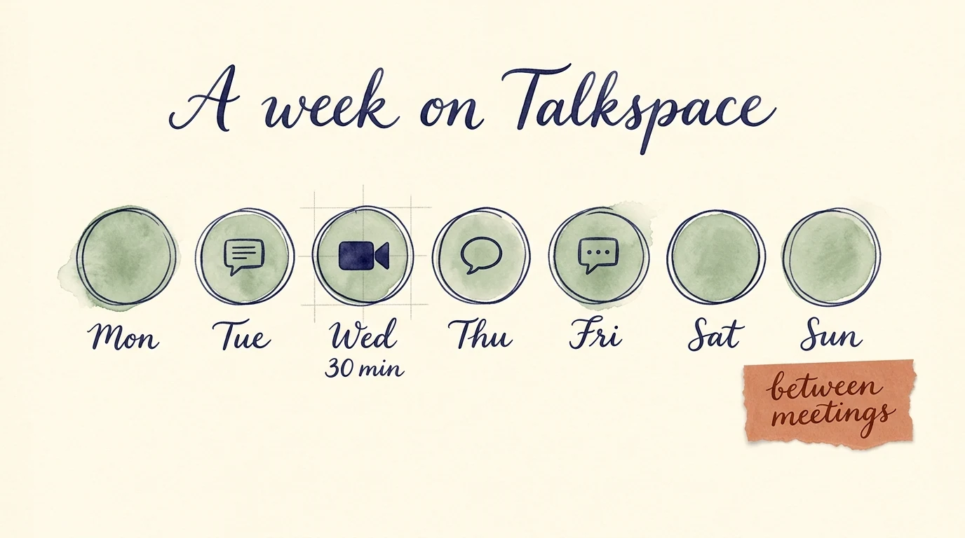 A hand-painted watercolour week-calendar on cream paper showing seven sage-green day circles labelled Mon through Sun. Tuesday, Thursday, and Friday each contain a small indigo chat-bubble icon; Wednesday contains a larger indigo video-camera icon with a cursive '30 min' note. A flowing cursive title reads 'A week on Talkspace' and a small terracotta paper sticker reads 'between meetings'.