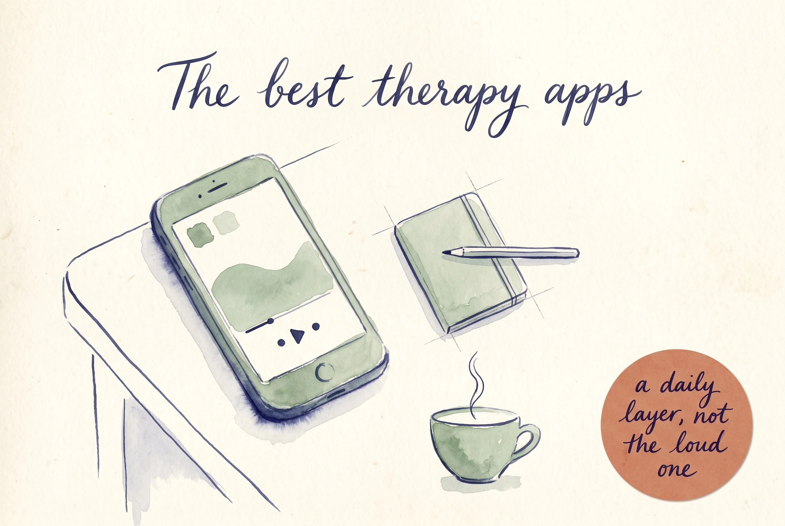 A hand-painted watercolour illustration on cream paper showing a small sage-green smartphone with a calm wave on its screen, a tiny journal-rectangle with a pencil resting on it, and a small coffee cup with a thin steam wisp. A flowing cursive title across the top reads 'The best therapy apps' and a small terracotta paper sticker reads 'a daily layer, not the loud one'.