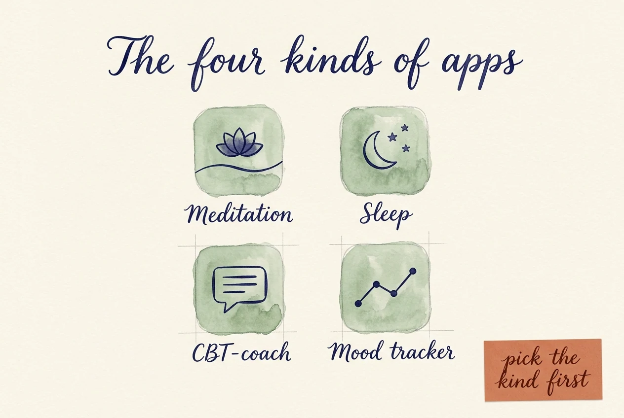 A hand-painted watercolour illustration on cream paper showing a 2x2 grid of four sage-green app-icon badges with cursive labels: top-left a lotus over a wave line labelled 'Meditation', top-right a crescent moon and stars labelled 'Sleep', bottom-left a chat bubble with short lines labelled 'CBT-coach', bottom-right an upward line-graph with dots labelled 'Mood tracker'. A flowing cursive title at the top reads 'The four kinds of apps', and a small terracotta paper sticker reads 'pick the kind first'.