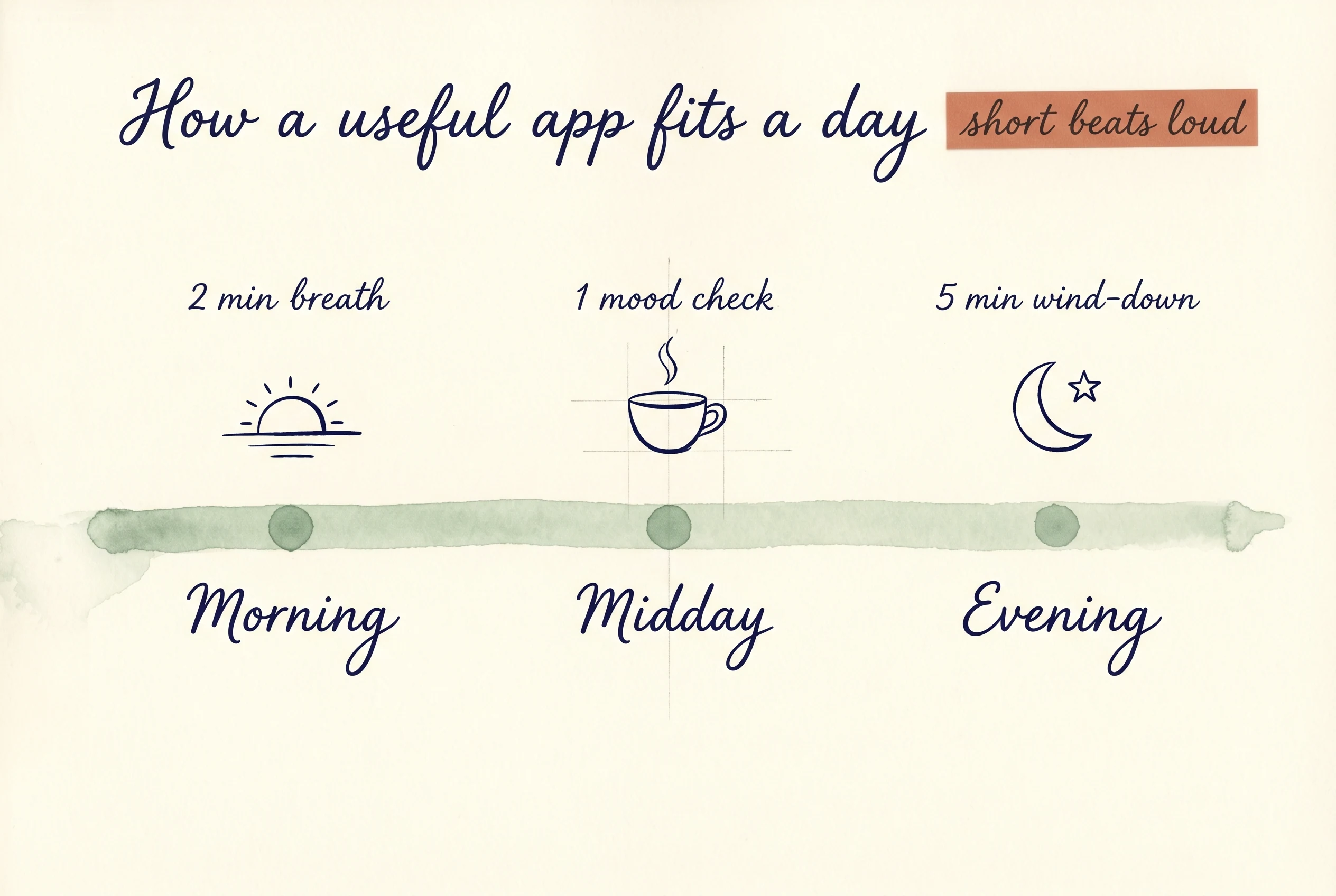 A hand-painted watercolour illustration on cream paper showing a horizontal sage-green timeline with three dots labeled 'Morning', 'Midday', and 'Evening'. Above each dot, a small indigo icon (sun rising, cup of tea, crescent moon) and a short cursive note: '2 min breath', '1 mood check', '5 min wind-down'. Title 'How a useful app fits a day' and a small terracotta paper sticker reading 'short beats loud'.