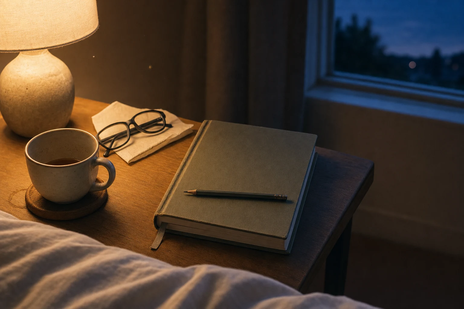 A closed hardcover journal resting on a wooden bedside table in the warm glow of a small lamp, with a graphite pencil on top, a folded pair of glasses, and a nearly-empty mug of tea nearby; a sliver of deep twilight-blue window visible beyond.