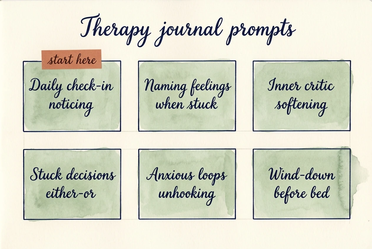 A hand-painted watercolour spread on cream paper titled 'Therapy journal prompts'. Six uniformly-sized sage cards in a two-by-three grid with cursive labels: Daily check-in (noticing), Naming feelings (when stuck), Inner critic (softening), Stuck decisions (either-or), Anxious loops (unhooking), Wind-down (before bed). A terracotta 'start here' sticker sits on the Daily check-in card.