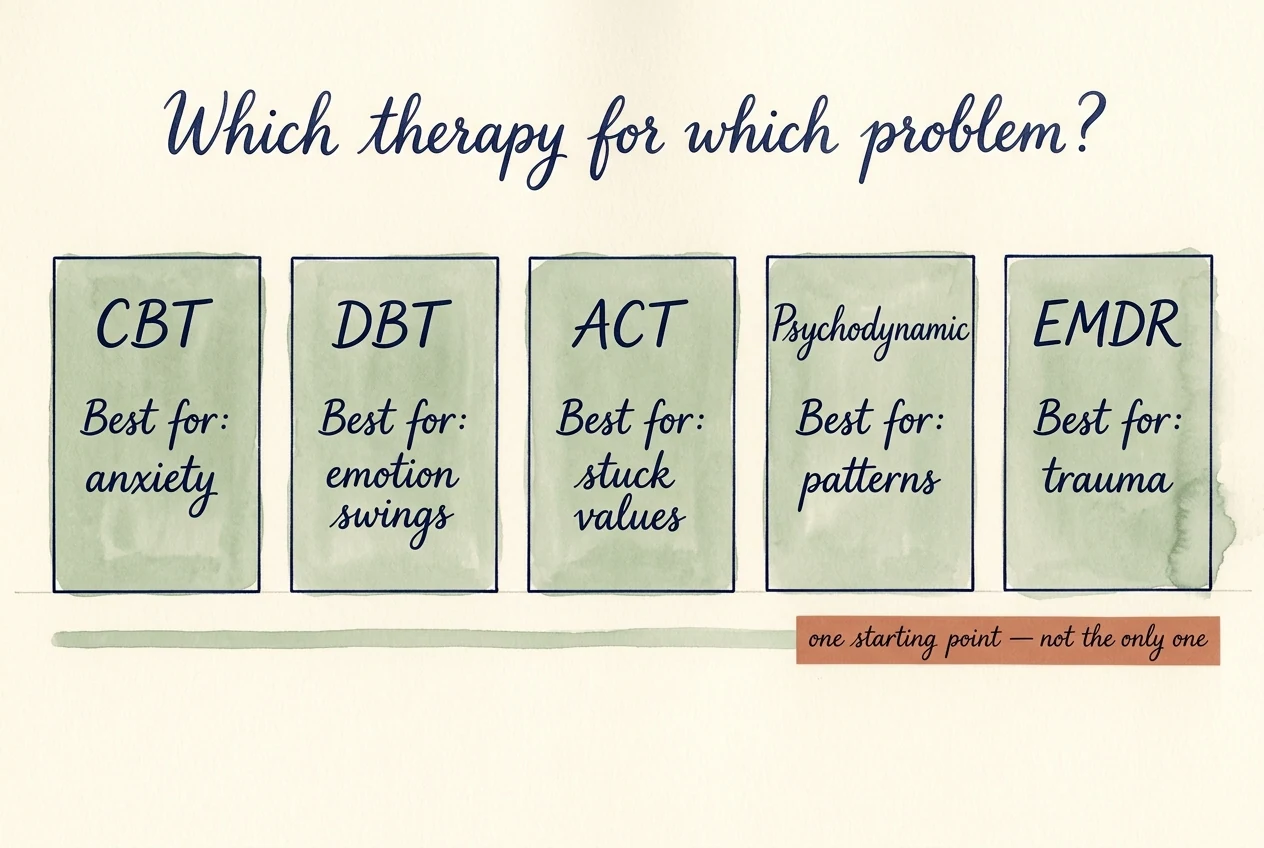 A hand-painted watercolour map on cream paper titled 'Which therapy for which problem?'. Five uniformly-sized sage cards in a row: CBT (best for: anxiety), DBT (best for: emotion swings), ACT (best for: stuck values), Psychodynamic (best for: patterns), EMDR (best for: trauma). A terracotta sticker reads 'one starting point — not the only one'.